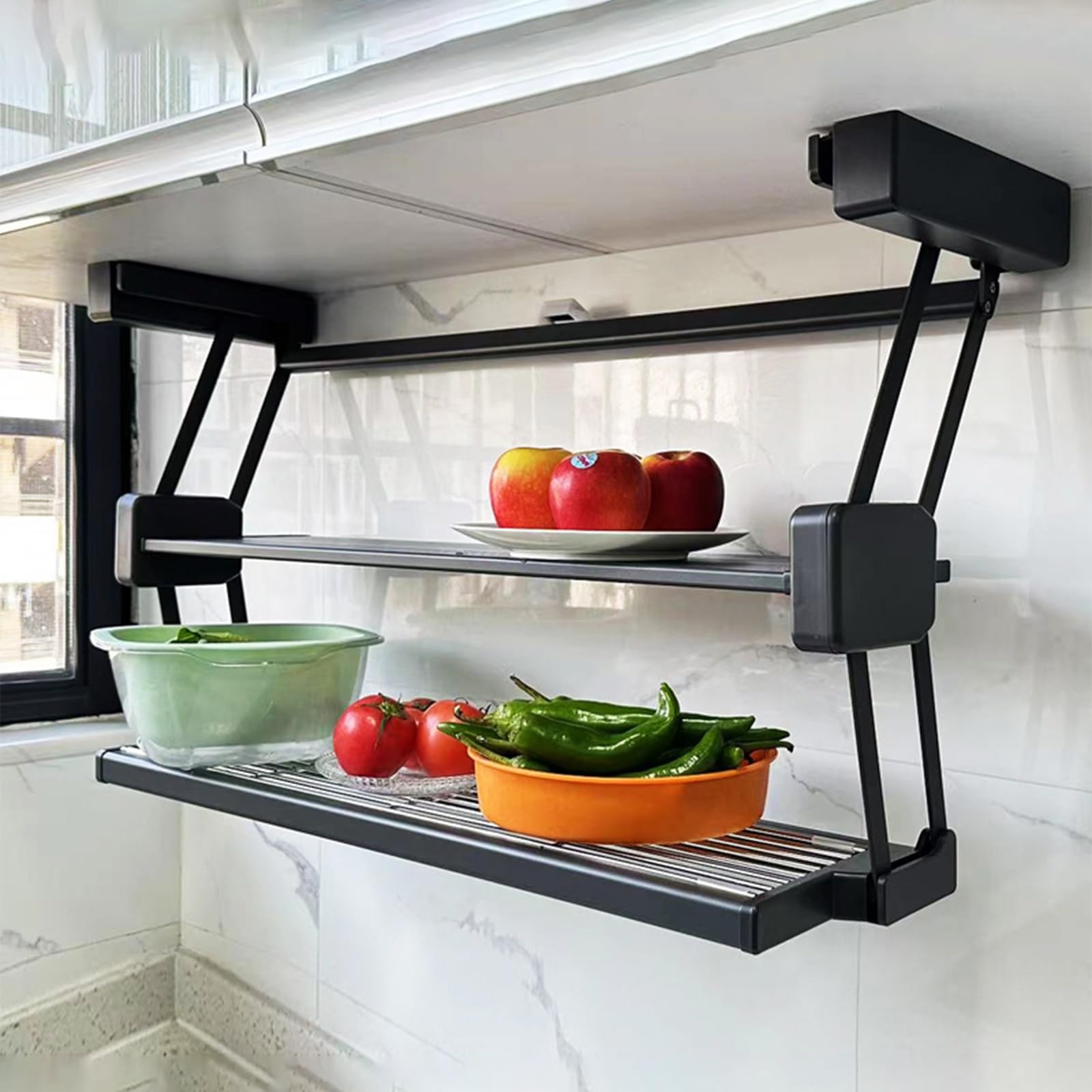 Doppelt anhebbares, herunterziehbares Lagerregal, unter dem Hochschrank, klappbares Regal für Gewürze, Geschirr, einziehbares Drop-Down-System (D8.3xh17.3 W)