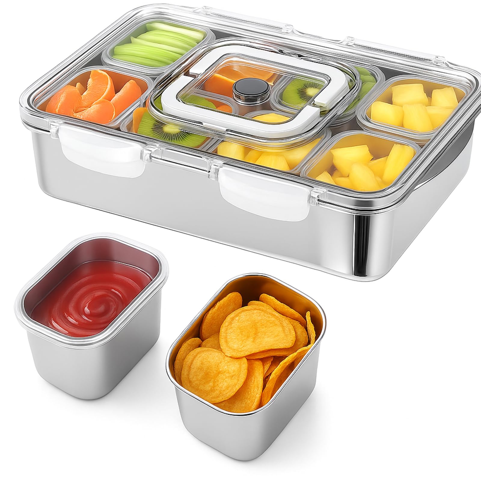 SiliFine Snackbox aus Edelstahl, 8 Fächer, geteiltes Serviertablett mit Deckel und Griff, tragbare Snackplatten, Aufbewahrungs-Organizer für Obst, Süßigkeiten, Nüsse, Gemüse, Reisen, Party, Picknick