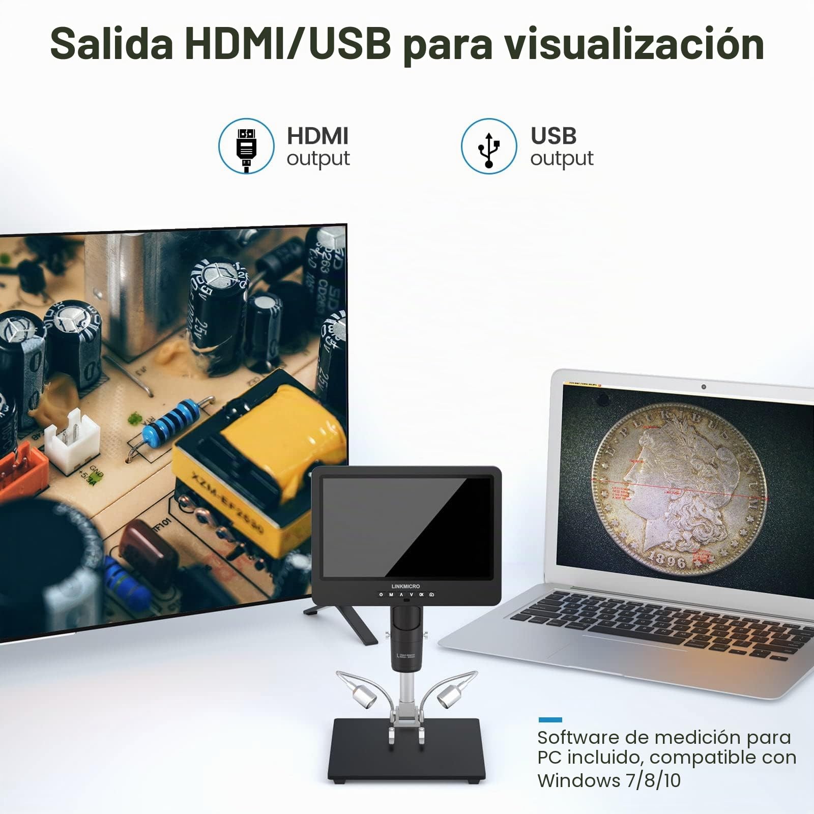 LM249S Microscopio Digital de 3 Lentes de 10" HDMI 2000X UHD 2160P Microscopio de Soldadura 13" Soporte metálico para reparación de PCB SMD, Adultos Cámara de microscopio de Monedas USB