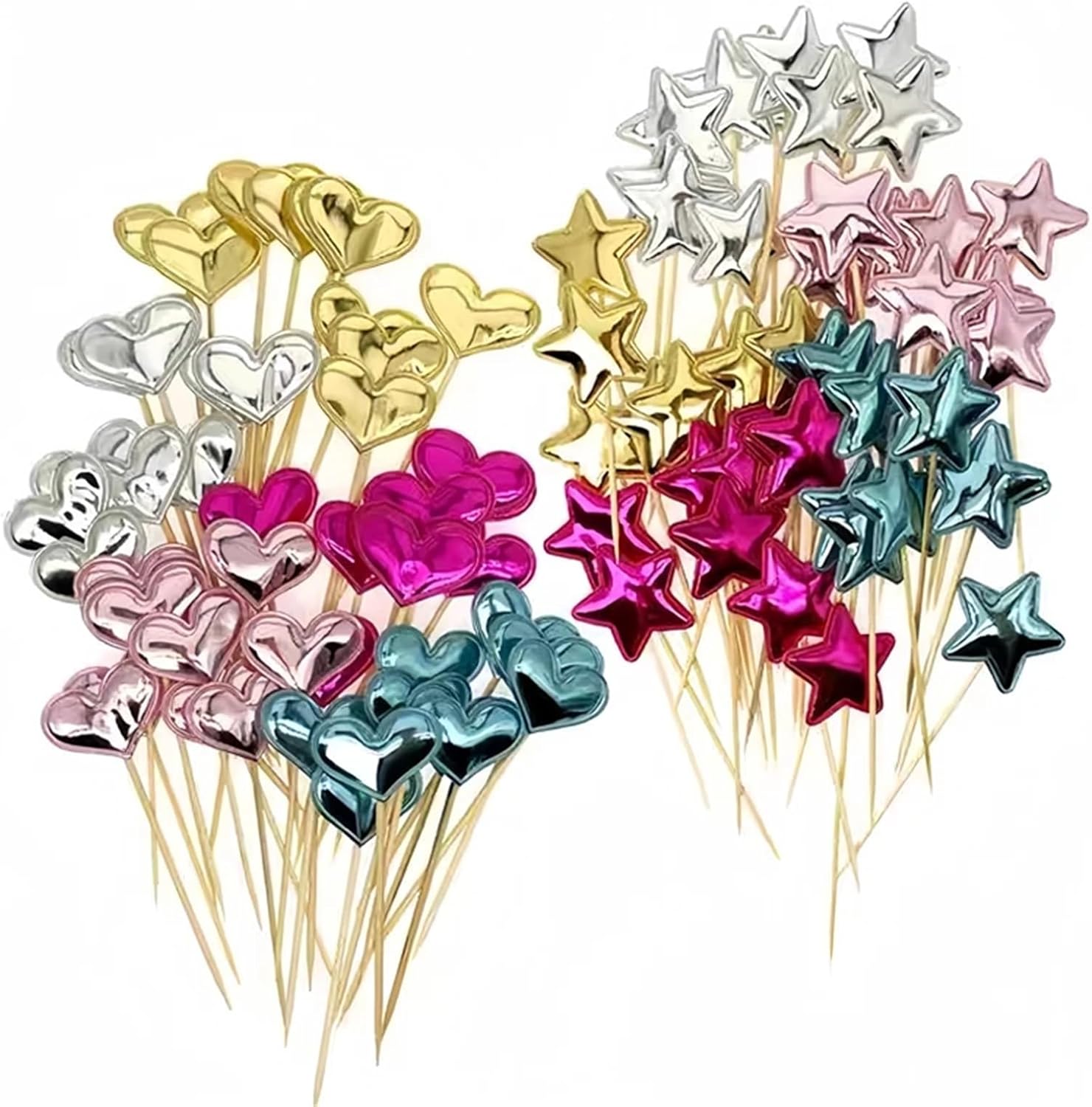 Fruit Skewers 100pcs Cake Decorations Shimmering Skin-Tone Reflective Hearts Five-Pointed Star Crowns Birthday Dessert Table Baking Wedding Party(Star Silver)