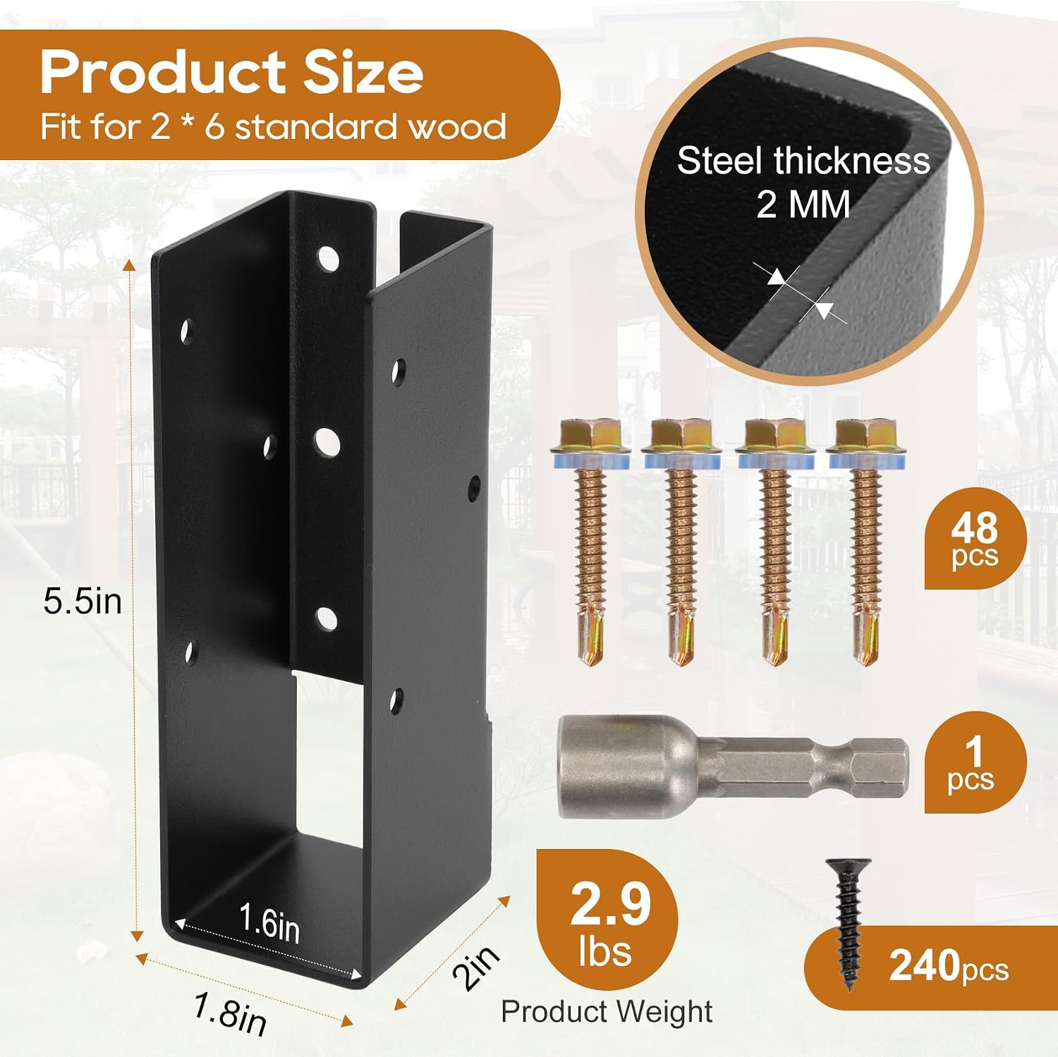 24 Pcs of 2x6 Concealed Joist Hanger, 2x6 Black Concealed Joist Hanger with Screws, Q235B Steel Powder Coated Joist Hangers, Fit for 2"x6" Beams, Handrails, Swings, Handrail, Pergola and Fences