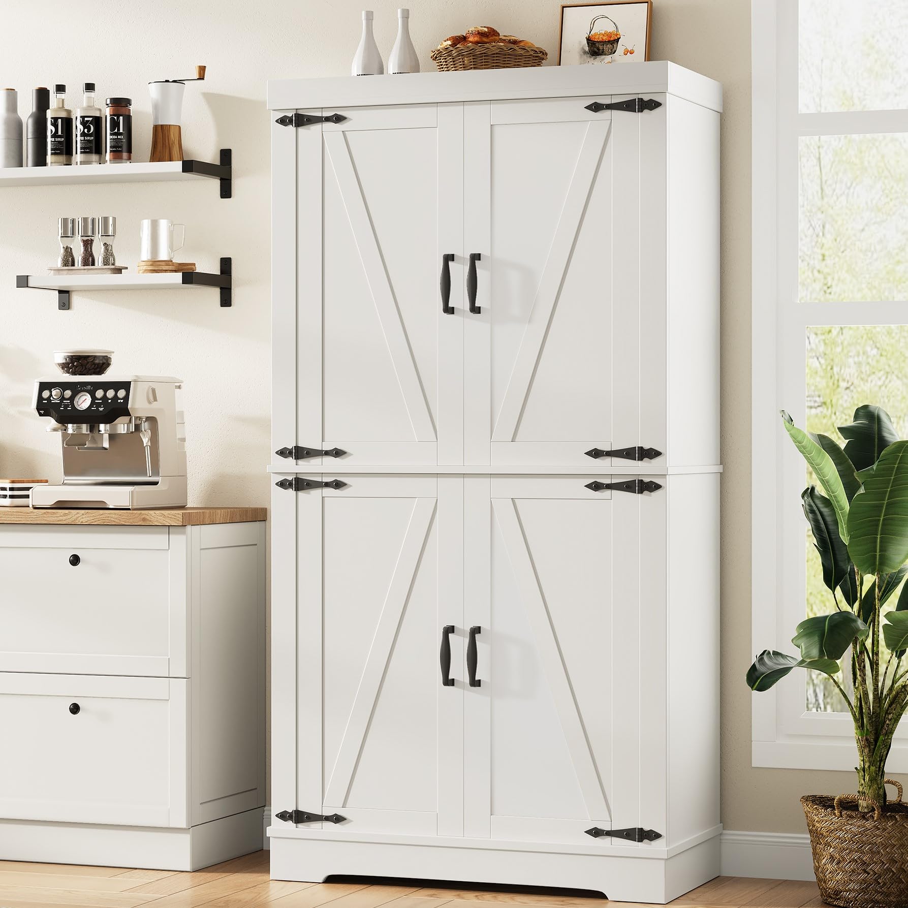 Pantry Cabinet, 68'' Kitchen Pantry Storage Cabinet with 4 Doors and Adjustable Shelves, Farmhouse Tall Food Large Wood Pantry Storage Furniture for Kitchen Dining Room (White)