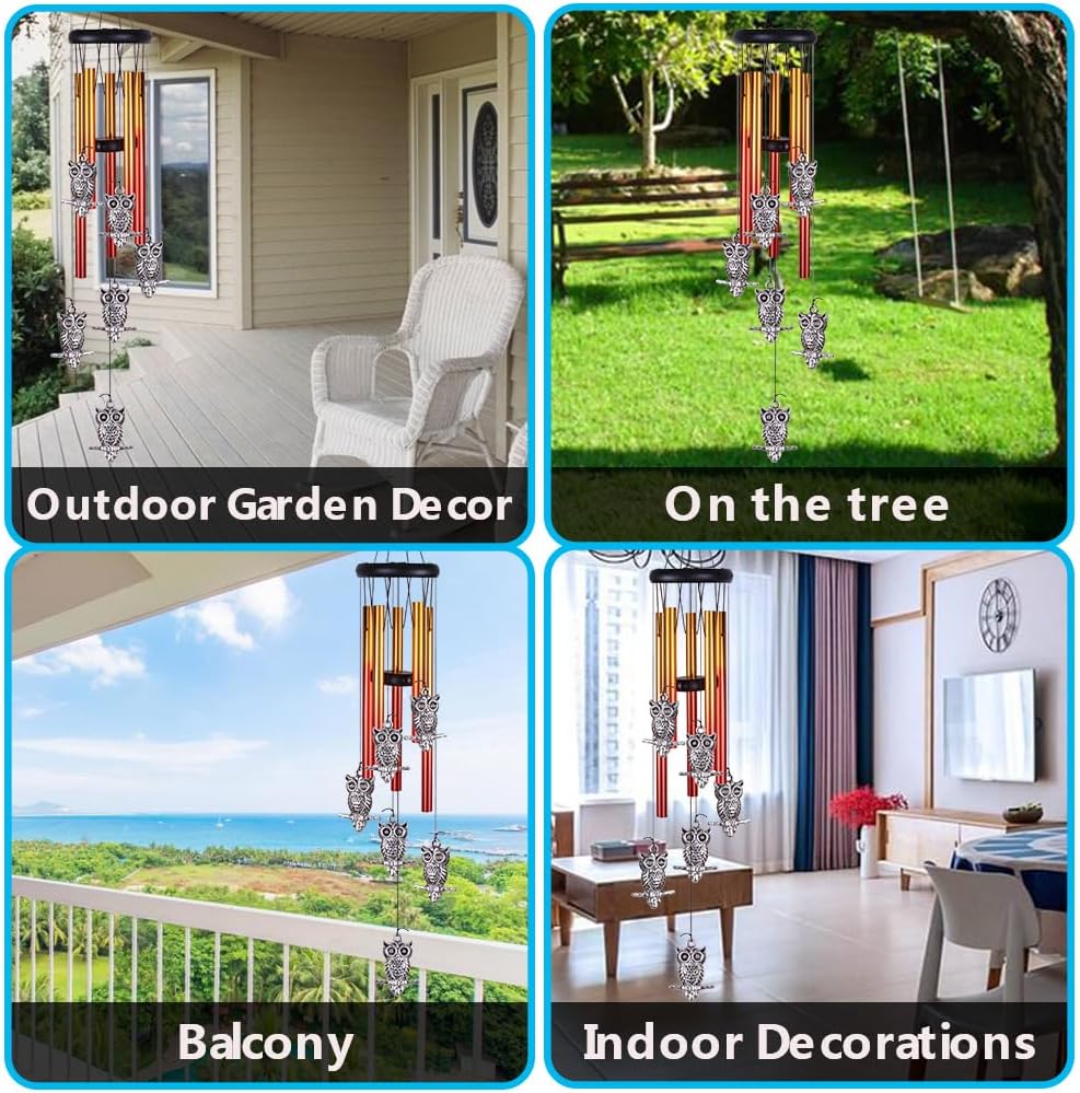 Owl Wind Chimes Outdoor/Indoor Decor - Pure Hand-Made Owl Wind-Bells, Mobile Romantic Windcatcher 28" Owl Wind Chime for Home, Xmas, Gift For Mother, Balcony, Patio, Garden Decoration(6 Owls, 5 Tubes) - Image 6