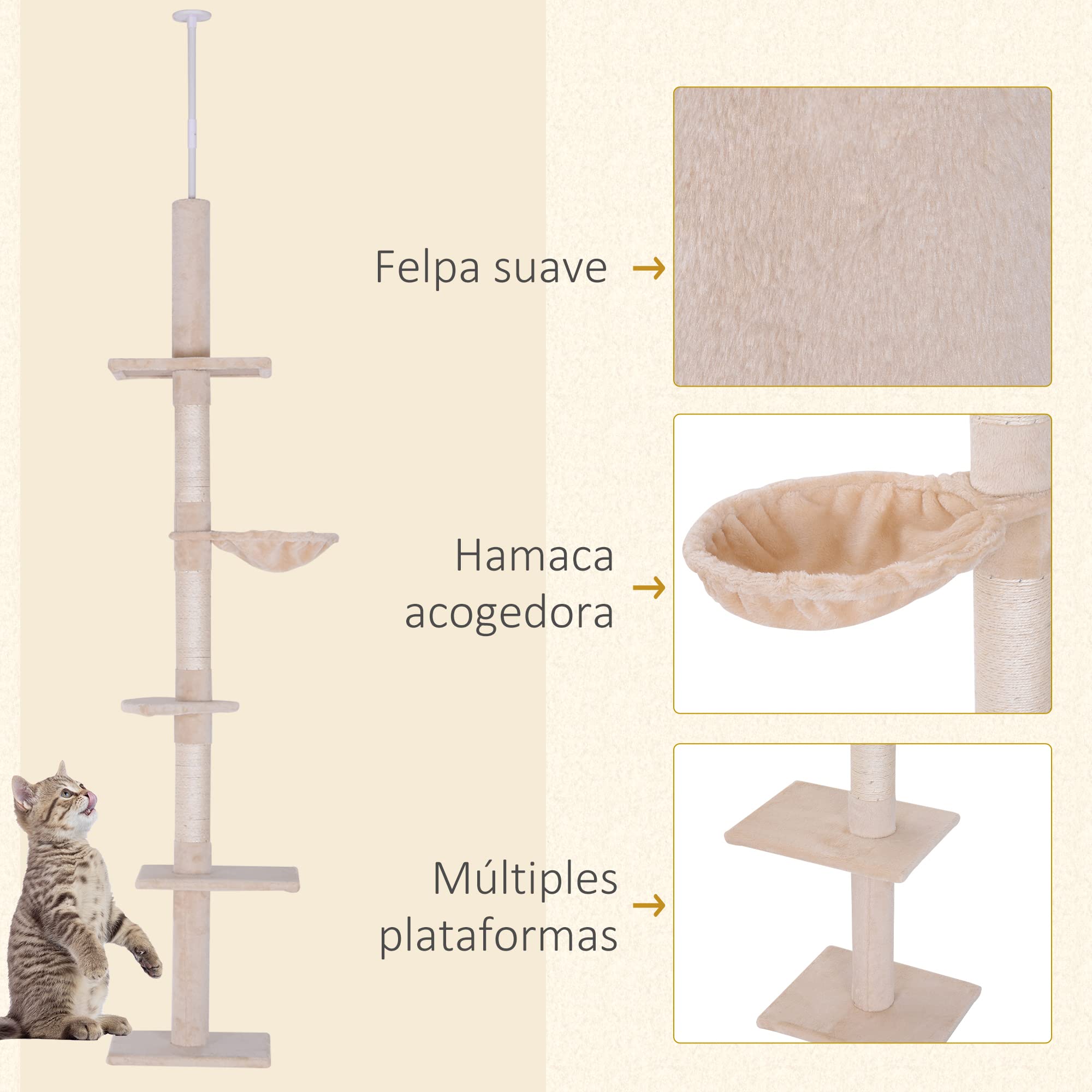 PawHut Árbol para gatos Torre Rascador de Gato de 5 Niveles Fijado al Techo Ajustable en Altura con Múltiples Plataformas Cubierta de Felpa Suave 40x34x230-260 cm Beige