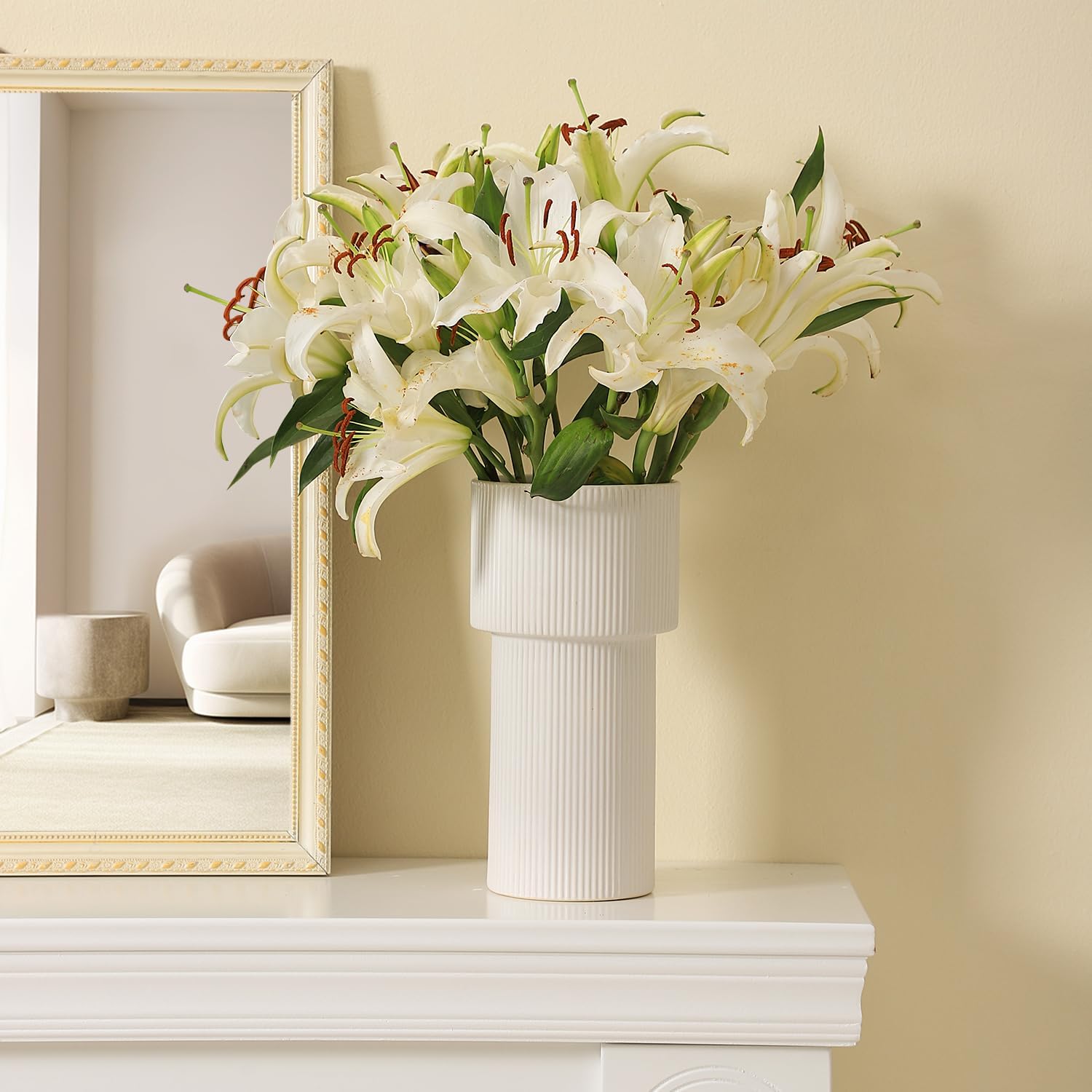 White Ceramic Flower Vase, Decorative Vase for Pampas Grass, Ribbed Vases for Decor, Boho Vases for Living Room, Office, Mantel, Shelf, Dinning Table, 10 Inches - Image 6