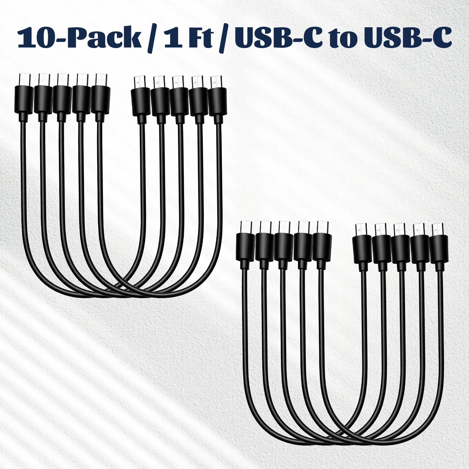 Paquete de 10 cables de carga USB C, cable USB-C a USB C de 1 pie de carga rápida de 60 W, color negro