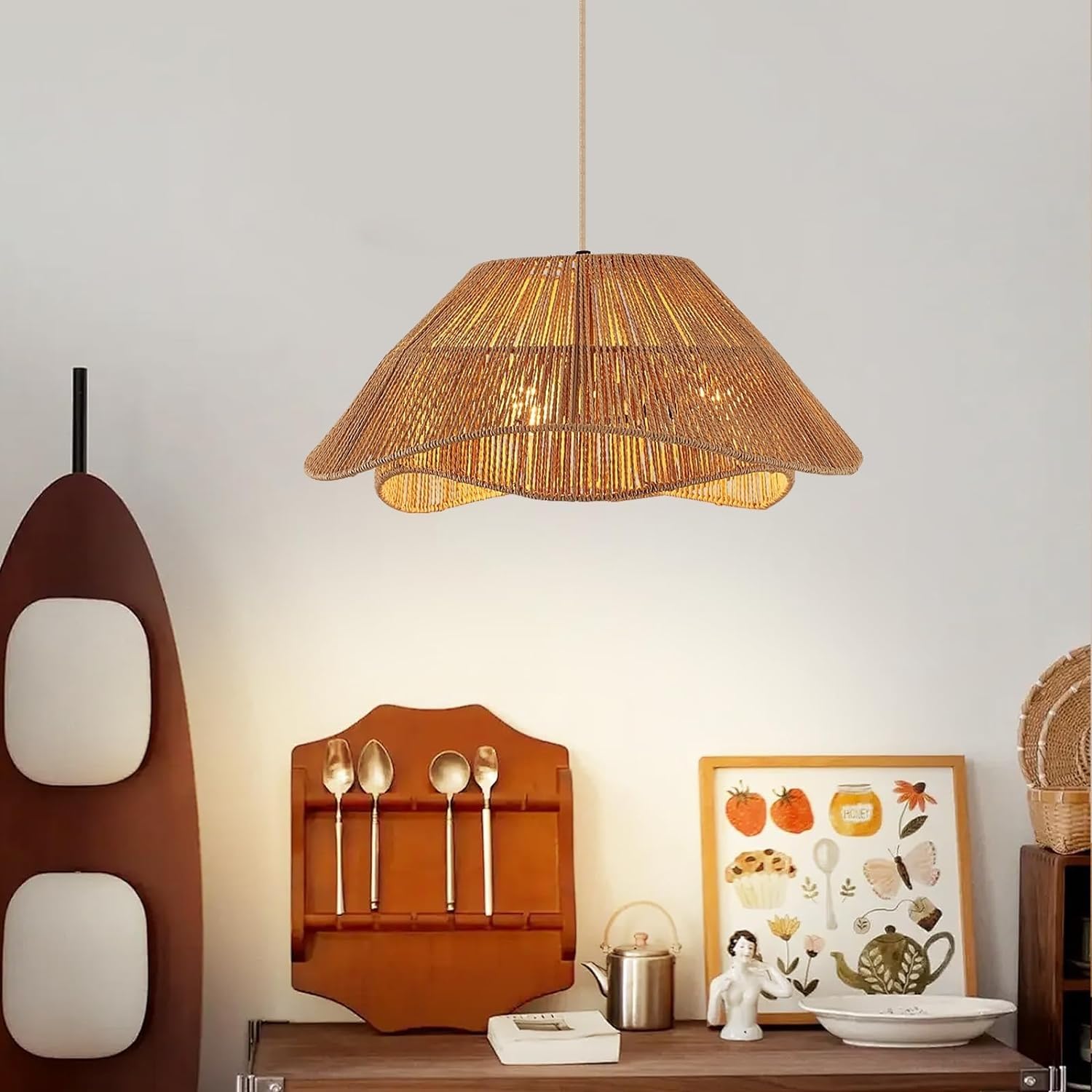 Lampe réglable en hauteur E27 suspension luminaire panier rotin