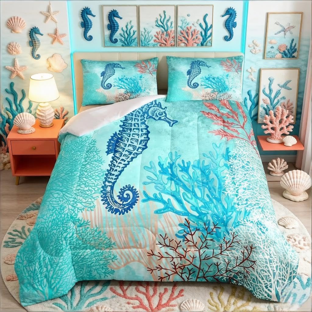 Duvet hippocampe haut de gamme et son linge de lit océanique pour lit King Size