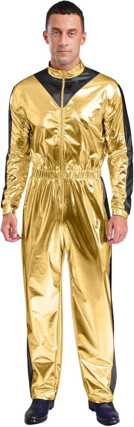 Mens Sparkly Shiny Outer Space Alien Astronaut Theme Party Cosplay Costume Long Sleeves Jumpsuit