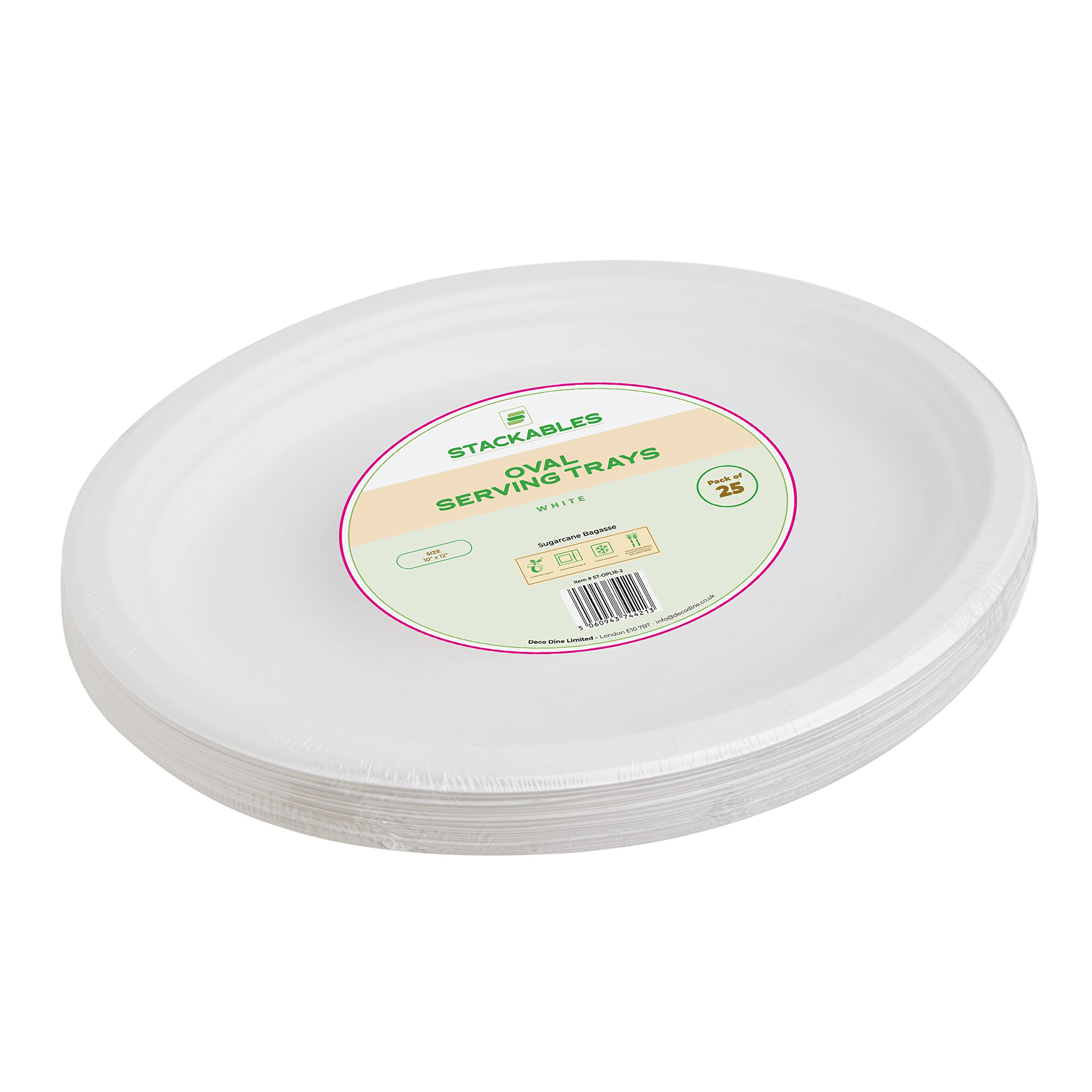 STACKABLES Paquete de 25 bandejas para servir, ovaladas, desechables, color blanco, de caña de azúcar, para fiestas, bodas, catering y fiestas de cumpleaños