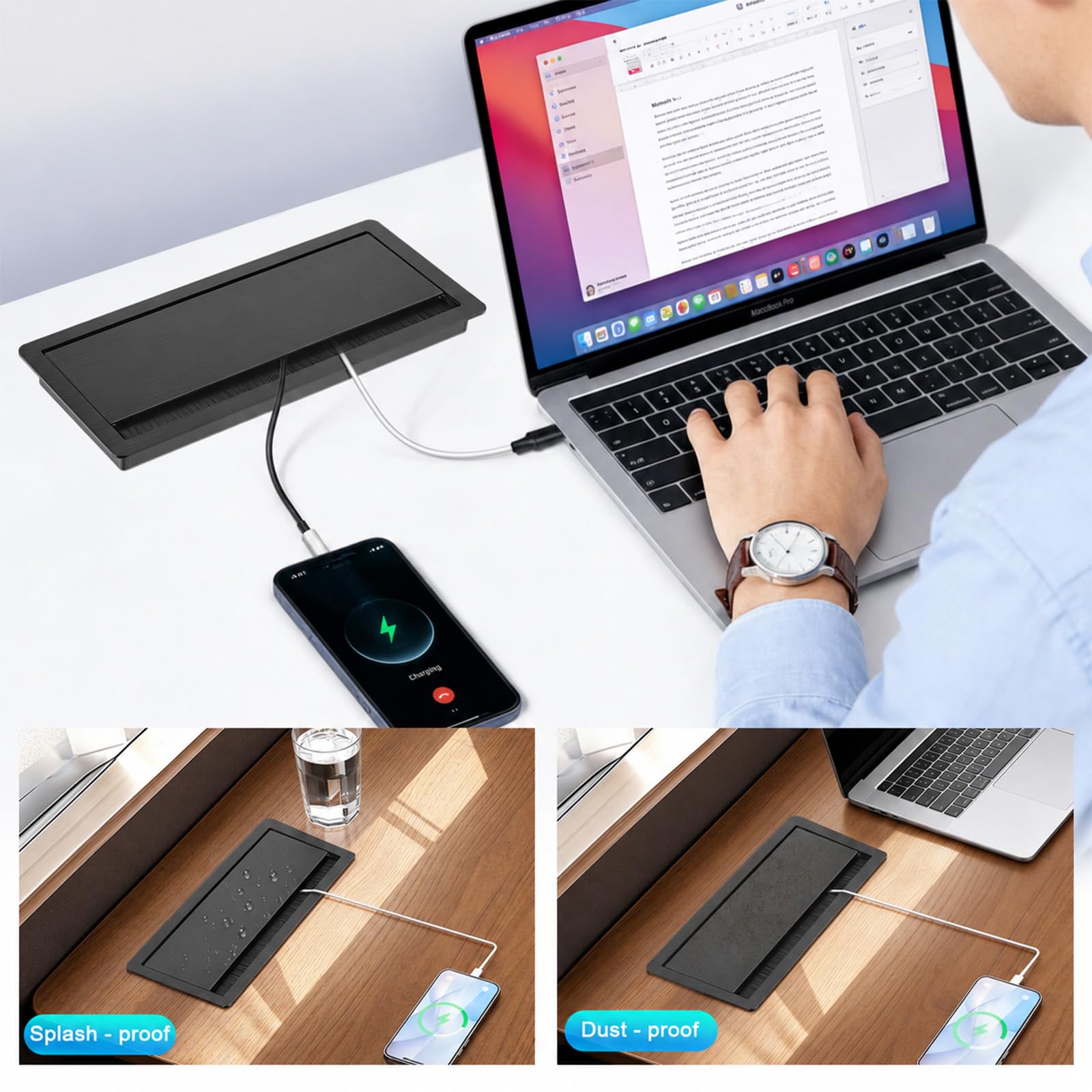 Ciabatta elettrica da incasso, a scomparsa, 2 x USB-C PD 30 W + 1 x USB-A, presa da incasso in alluminio con interruttore, per piano di lavoro, cucina, ufficio e sala conferenze, cavo da