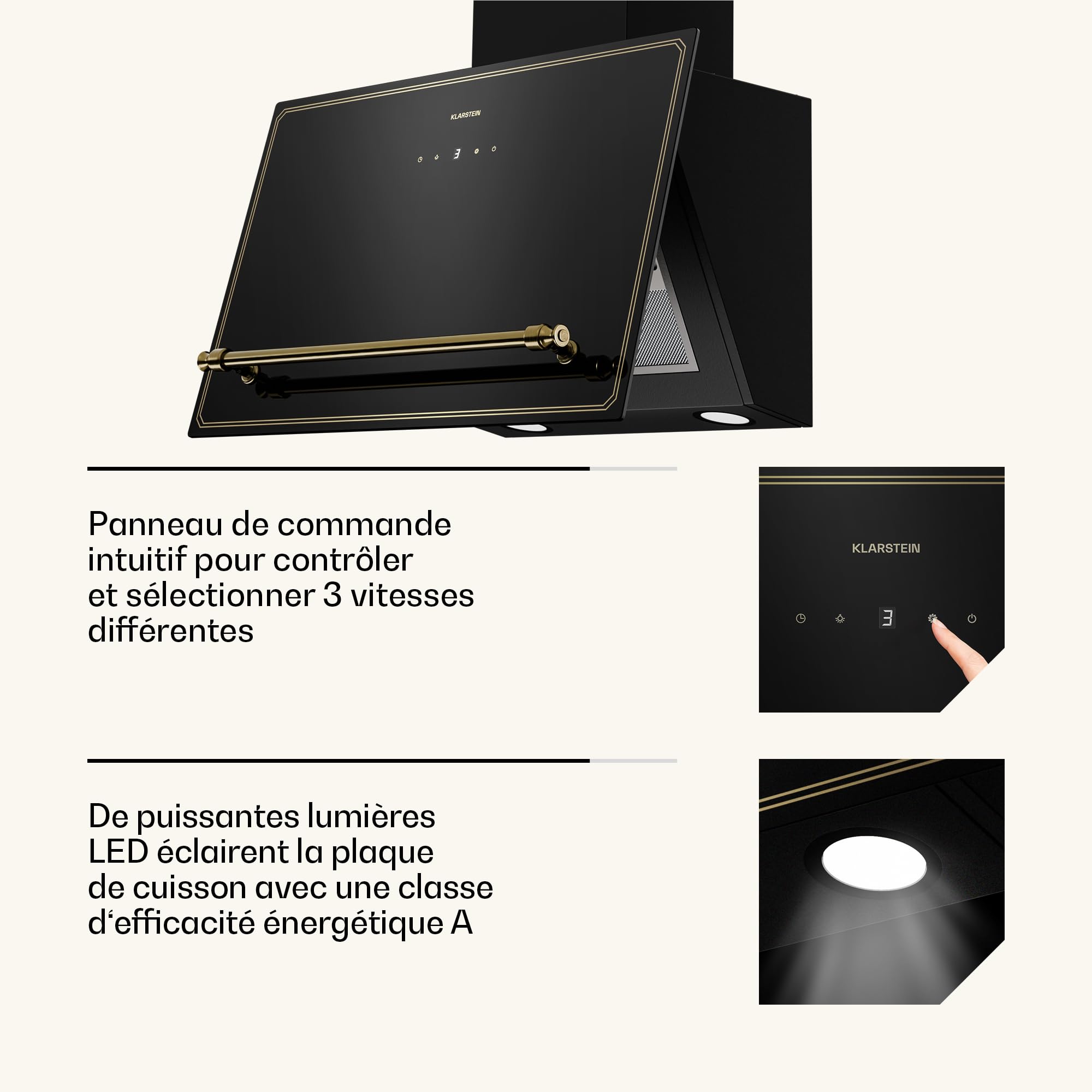 Klarstein Victoria Hotte Aspirante - 60cm Hotte Cuisine Angulaire, Débit 400 m³/h, Écran LED, A++ Énergie, Silencieuse 52 dB, Noir & Or, Extraction & Recirculation