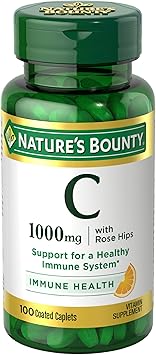 Nature’s Bounty Vitamin C + Rose HIPS, Immune Support, 1000mg Vitamin C, Coated Caplets, 1 Serving per Day, Vegetarian Caplets, 100 Ct