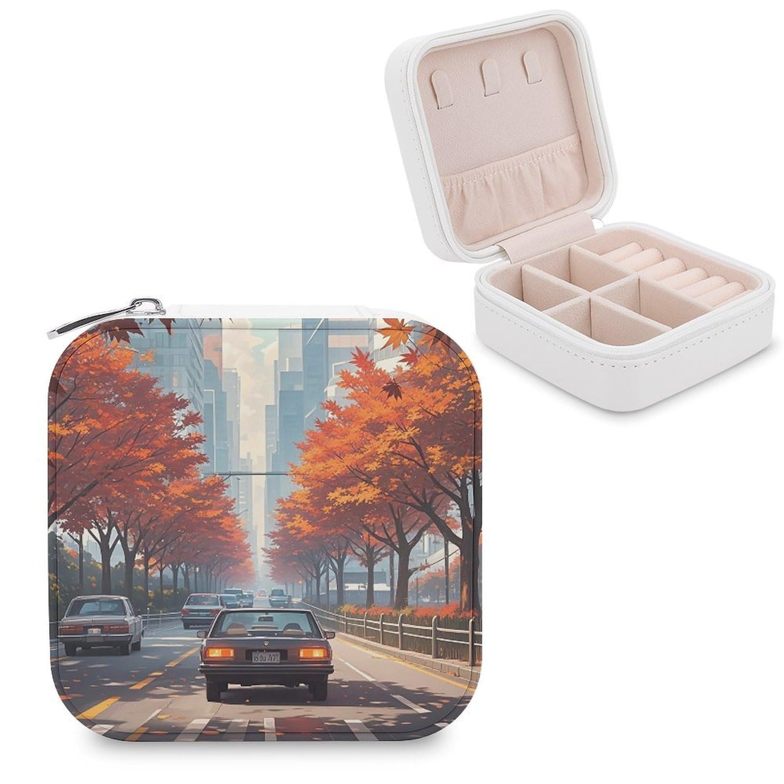 LZQPOEAS Red Maples on The Roadside Jewelry Box Mini Jewelry Travel Case Trendy Stuff Ring Box Custom PU Leather Jewelry Boxes Portable Jewelry Case Earring Storage Organizer for Girls Women
