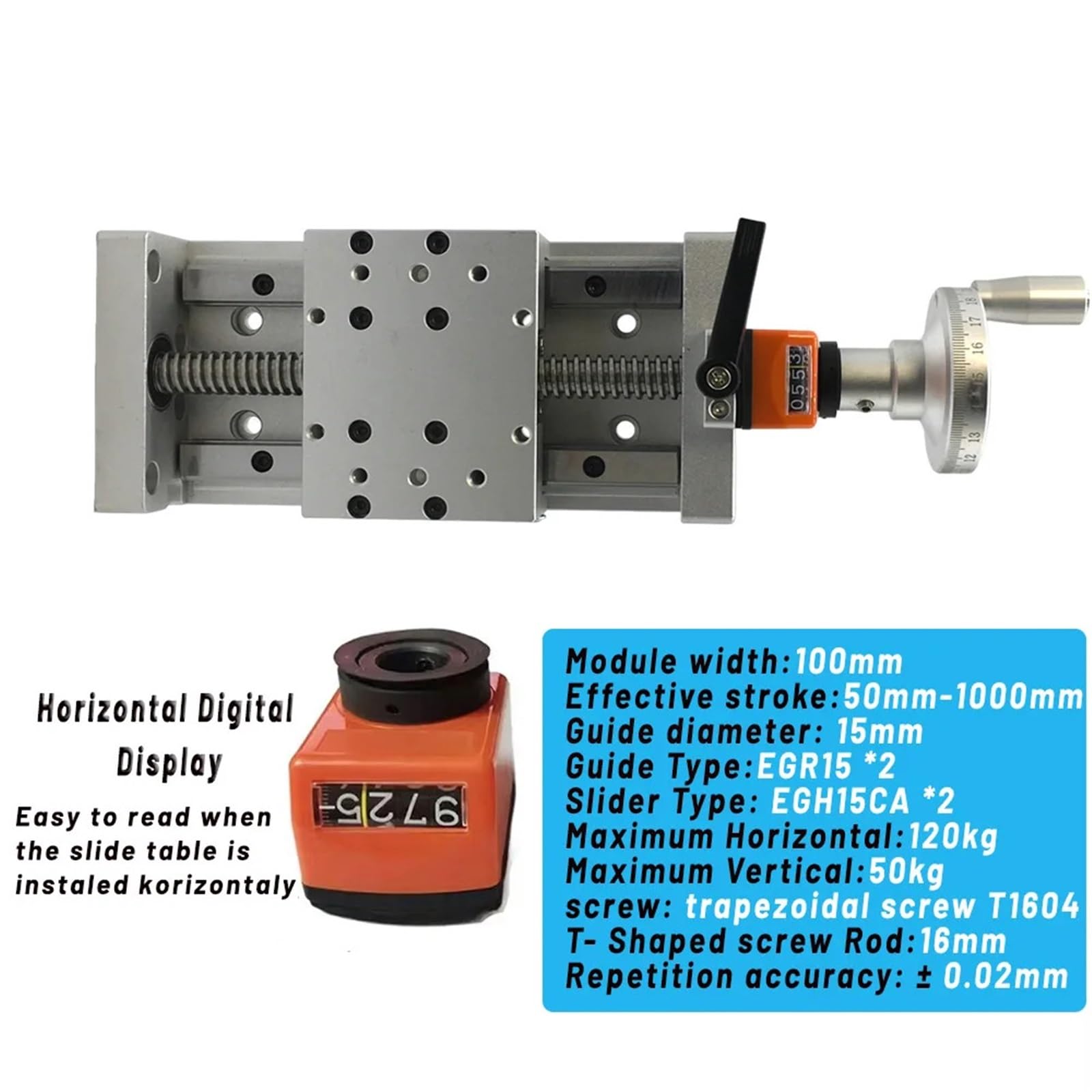 Table coulissante manuelle, course de 50 à 1000 mm, vis type T, actionneur linéaire, affichage numérique, compteur position, rail 120 kg, XYZ CNC(Horizontal Display,100mm Stroke)