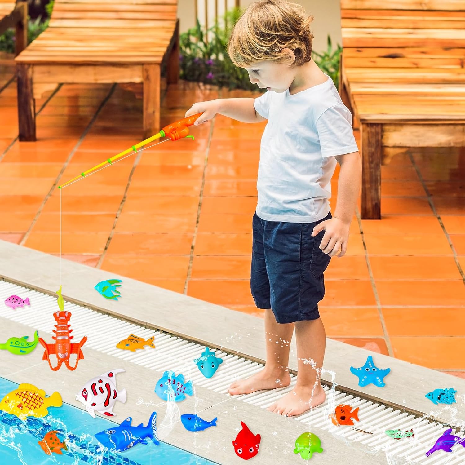 Set di 40 giocattoli da pesca magnetici per bambini con canna da pesca e rete, pesci galleggianti in plastica per vasca da bagno