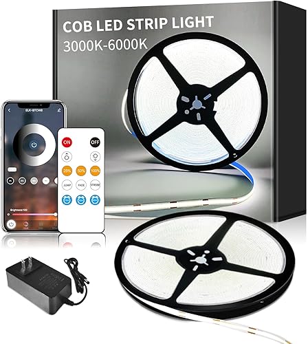 Miniatura 9 de COB - Tira de luces LED de 100 pies, 3000 K CC 24 V, regulable, blanco cálido, tira de luces LED flexibles para dormitorio, con control remoto y