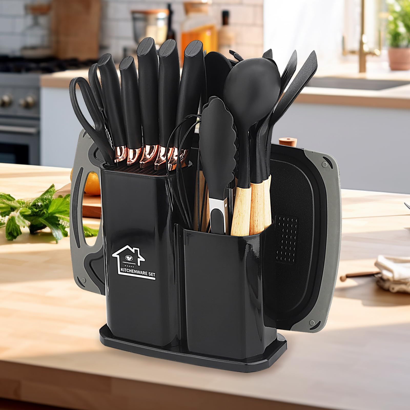 Küchenmesserset，19-teiliges Küchenutensilien-Set, Silikon-Küchengeräte-Set, enthält fünf Messer und ein Schneidebrett, mit Aufbewahrungsbox (schwarz)
