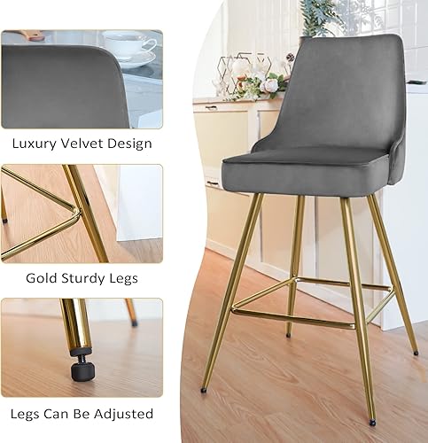 Miniatura 5 de KithKasa Juego de 2 taburetes de bar con patas doradas, tapizados de terciopelo de 26 pulgadas con respaldo para isla de cocina, comedor