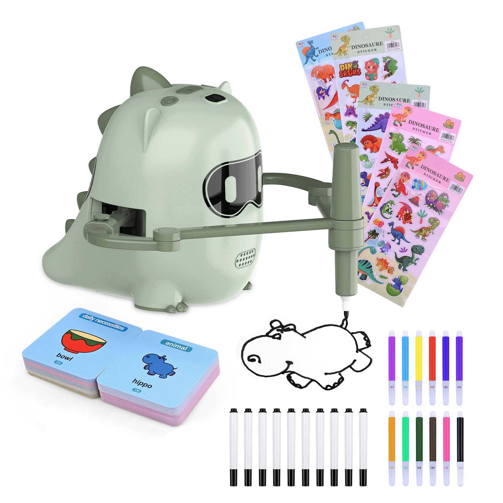 MMOBIEL Kids Drawing Robot Educational Dino Doodle Bot with 200 Drawing Cards, 100 Stickers, Voice Guidance, 22 Markers & USB-C Rechargeable Battery – Creative Learning Gift for Ages 3-9 – Green