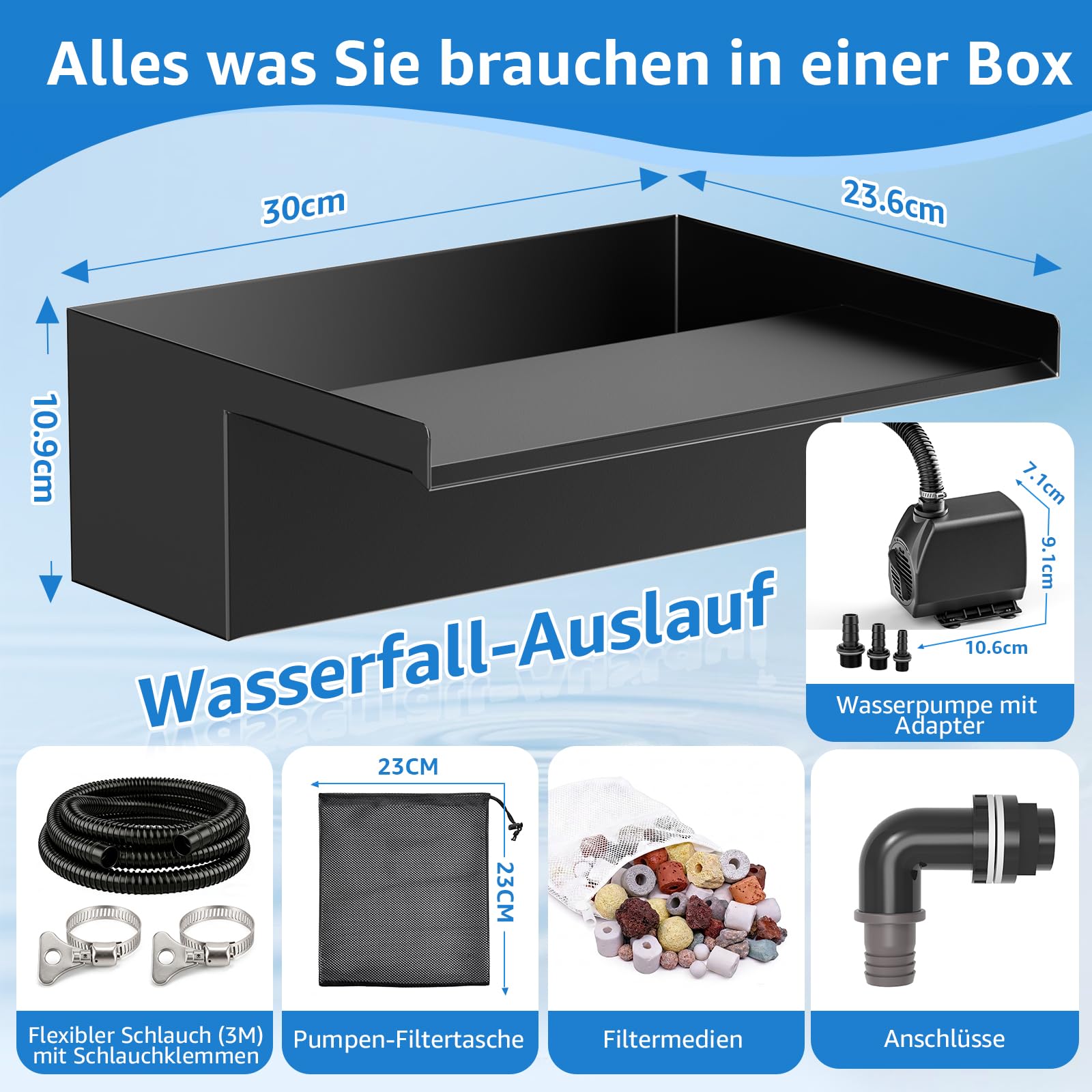 30 cm Teichwasserfall-Set: 304 Edelstahl Wasserfall-Überlauf-Set mit 2500L/H Pumpe, 3 m Frostsicherem Schlauch & 5 m Kabel - Komplettes Wasserfall-Brunnen-Set für Garten & Pool