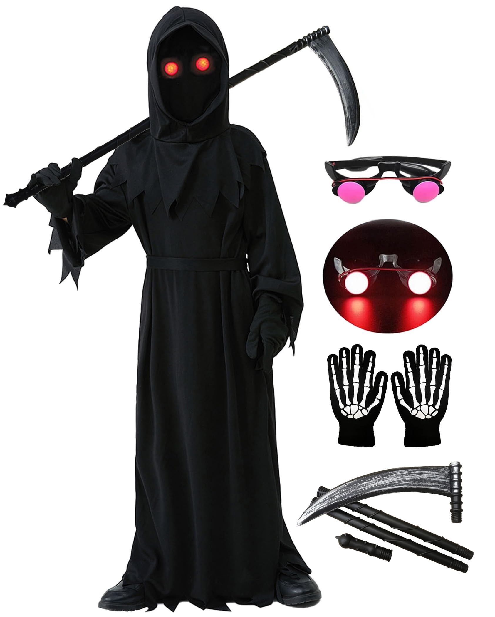 6 Piece Grim Reaper Halloween Costume for Kids with Glowing Eyes