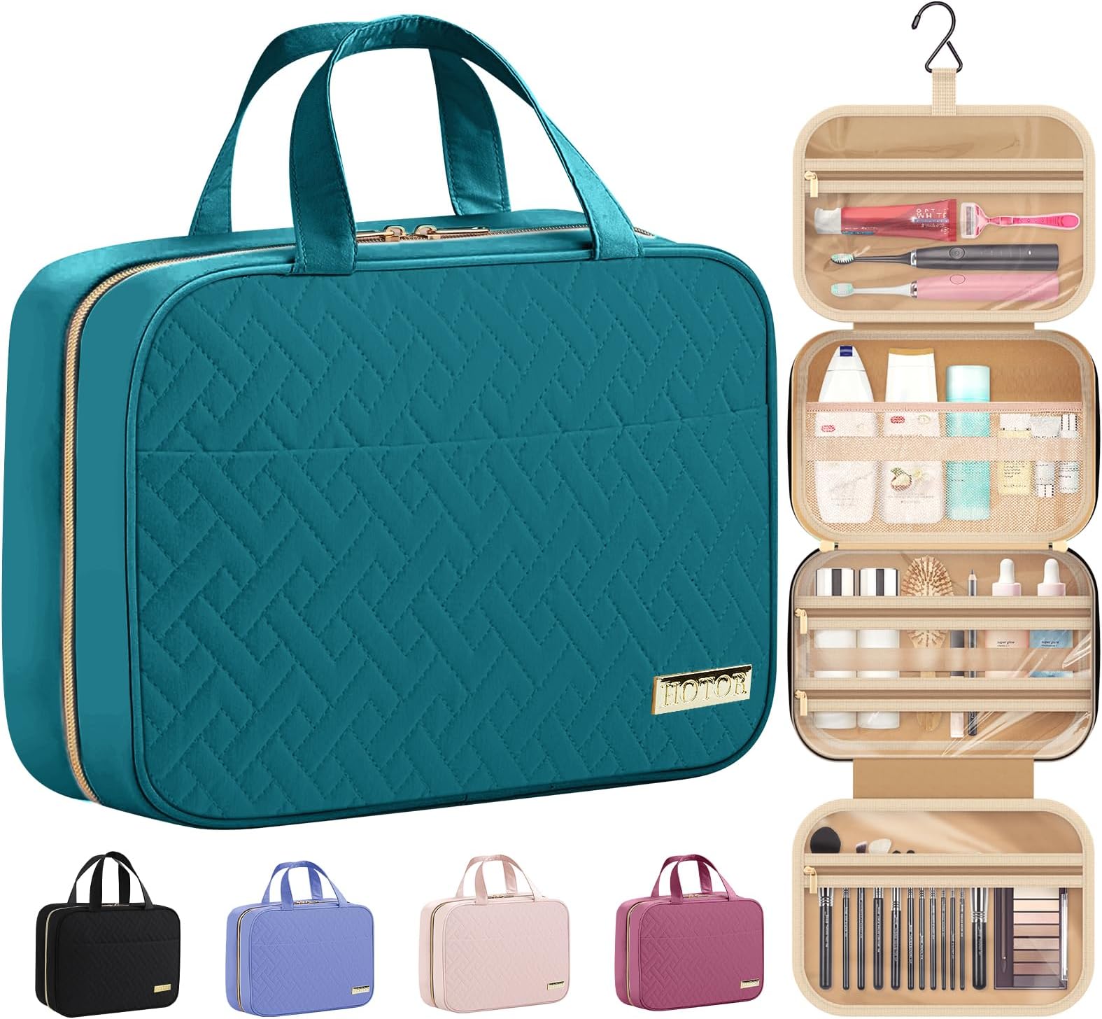 HOTOR Travel Toiletry Bag w/Hanging Hook - Spacious Toiletry Bag Essentials for Women & Men, Makeup Bag/Big Comparment, Waterproof for Travel Accessories, Medium, Teal