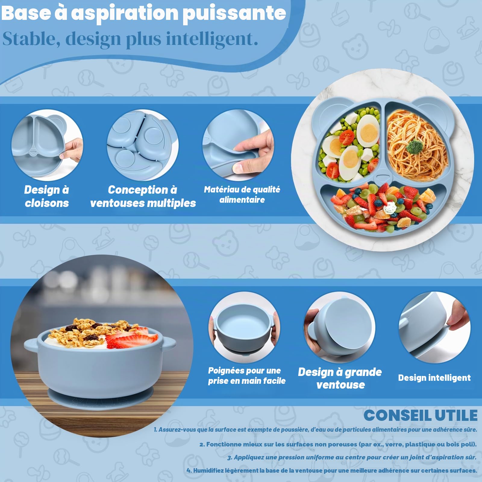 Assiette bebe Set, 11 Pièces Coffret Repas Bebe Silicone, Vaisselle Assiette ventouse pour bébé, Bavoir Silicone Bebe, Cuillère, Enfant Set Couverts Vaisselle Pour Sevrage Manger (Bleu)