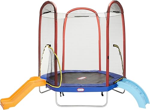 Little Tikes Climb 'n Slide - Trampolín de 7 pies para exteriores, edades de 3 a 10 años con escalones de tobogán y escalada, niños y niñas, soporte