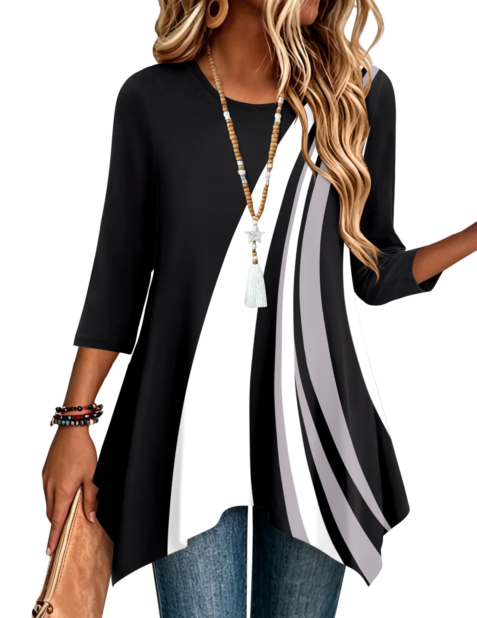 Zeagoo Womens Tops 3/4 Sleeve loose fit dressy Tunics Plus Size Boho Shirts | Summer Tops for Women, Fall Clothes, Dressy Casual Blouses, Crew Neck Tunics to Wear with Leggings, Asymmetrical Hem