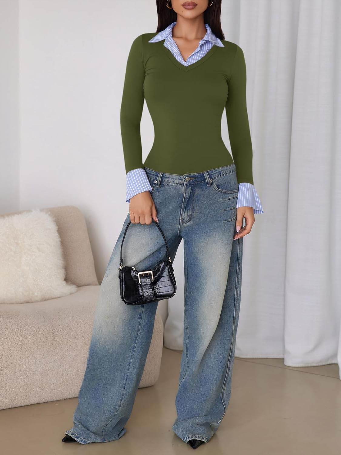 Tankaneo Womens Long Sleeve Polo Shirts Business Casual Work Tops Slim Fit V Neck Collared Patchwork Fall Outfits - Image 6