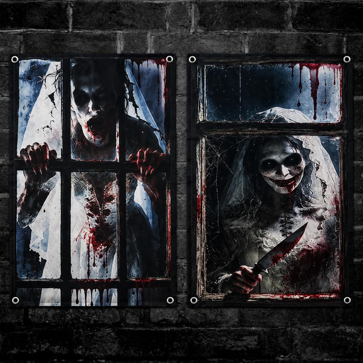 Necsie 2Pcs Halloween Window Decorations, HD Print Window Zombie Bride Blood Silhouette Window Curtain Cover for Halloween Party, Prank, Indoor and Outdoor Windows, Doors, Decor