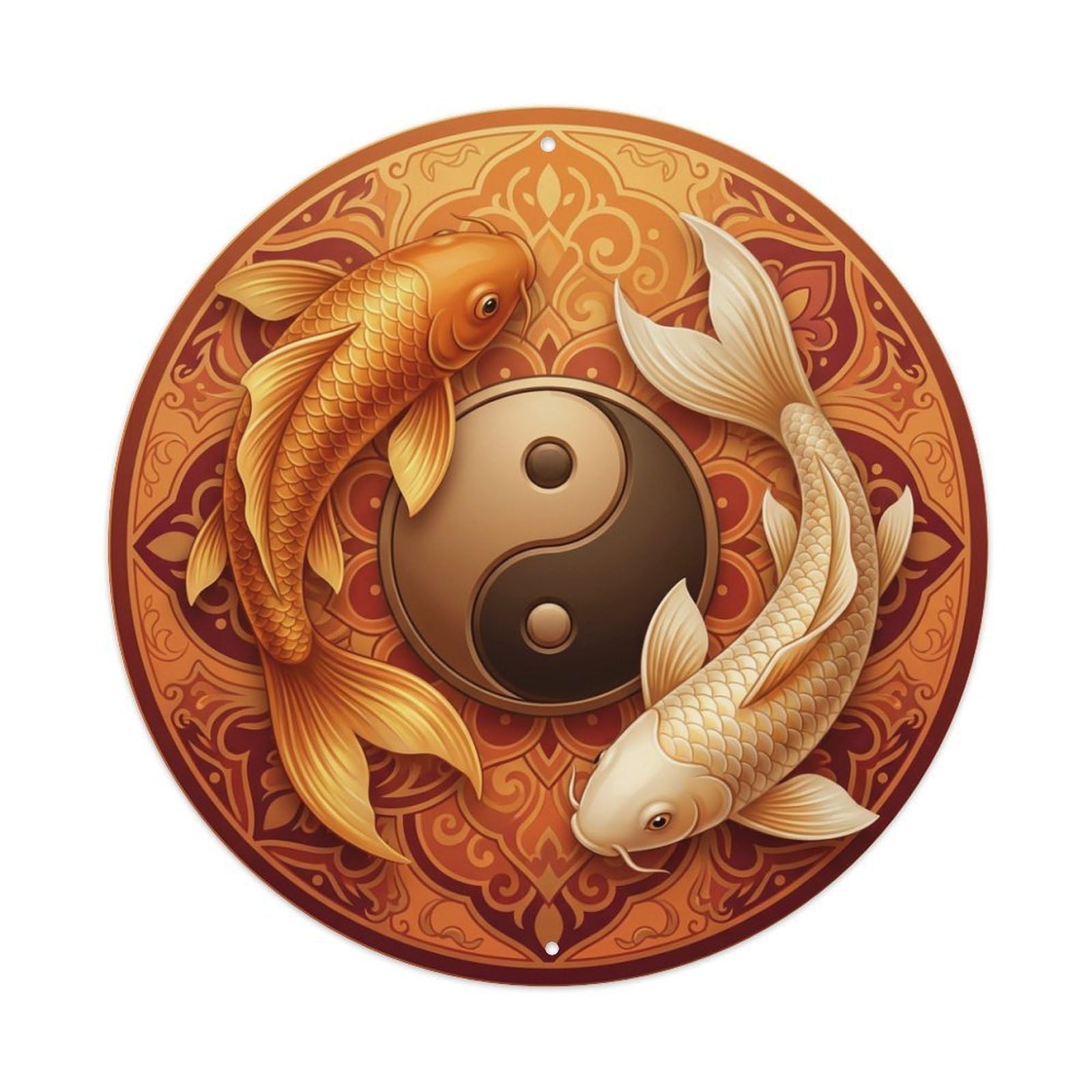Metal Tin Sign Tai Chi Koi Fish Amber Gold Decor