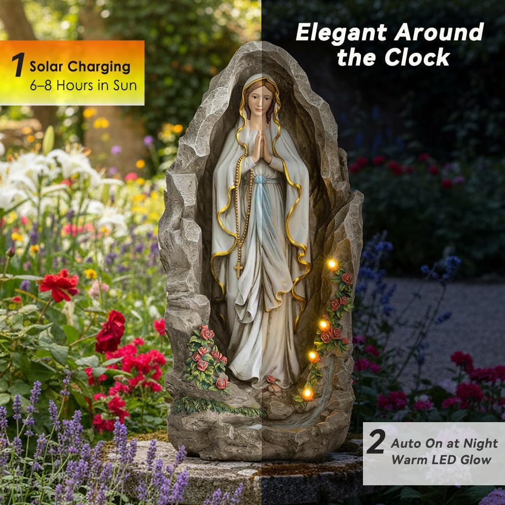 Grace4Joy Our Lady of Lourdes Statue - 24 Inches Solar Virgin Mary Statue with Lights Outdoor Catholic Garden Decor, Our Lady of Lourdes Grotto Sculpture for Home Yard Lawn Hallway Decor