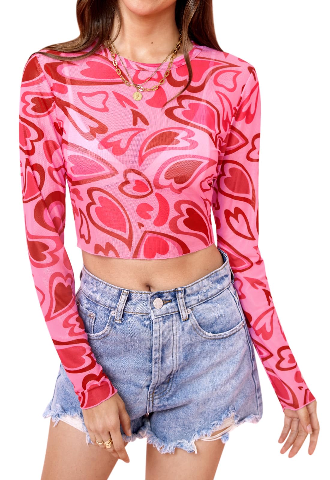 Women's Valentine's Long Sleeve Crew Neck See Though Blouse Sheer Mesh Heart Print Crop Tops