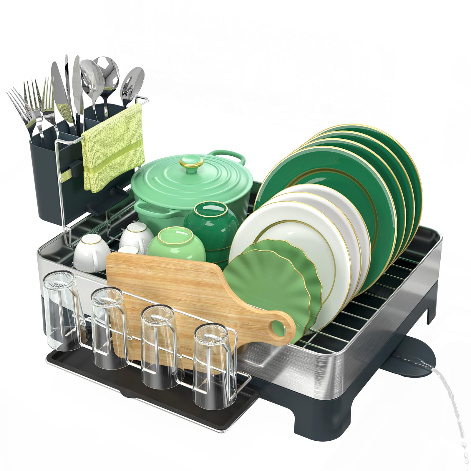 YuihochicDish Drying Rack, Stainless Steel Dish Rack with Rotatable Spout, Drainboard, Fingerprint-Resistant Dish Drainers for Kitchen Counter, 12.5 x 22.5 in, Silver and Gray (Silver + Gray)