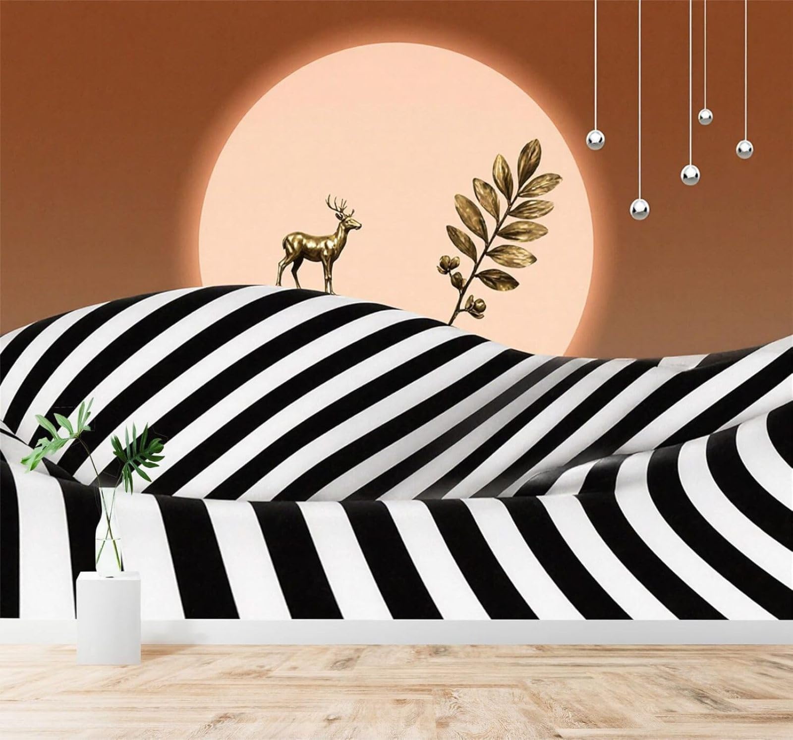 Xlming 150Cm×105Cm(B×H) Golden Deer Abstract Black And White Stripes Hills Sunset 3D Wallpaper Silky Texture Home Study Office Grey Dining Room Sofa Bedroom Living Room Tv Backdrop-150Cm×105Cm