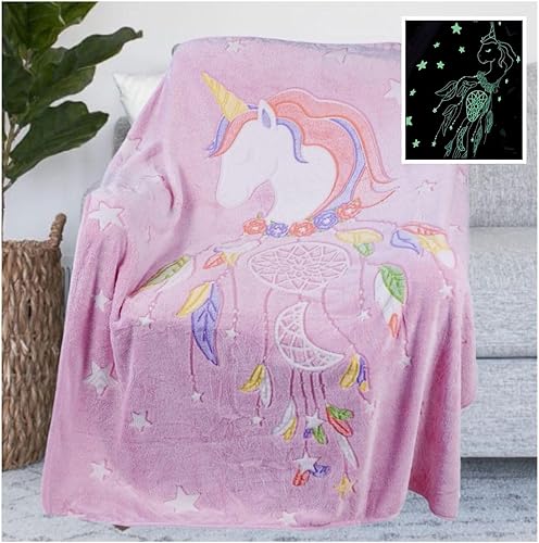 Manta que brilla en la oscuridad, manta de unicornio que brilla en la oscuridad, para niñas, regalos de unicornios, manta rosa súper suave, 50 x 60