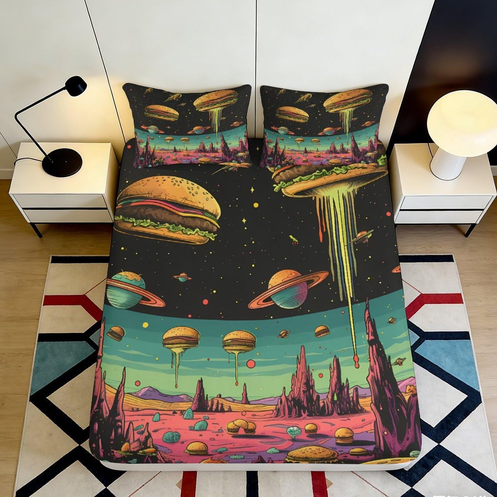 3D Printed Burger Planet Fitted Sheet Microfiber Colorful Space Landscape Bed Cover Bedroom Dorm Mattress Protector 90x200x25cm