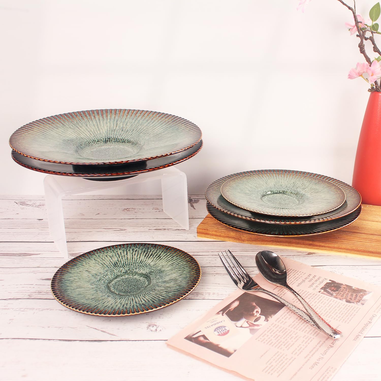 Juego de 4 platos llanos de cerámica, plato grande de 11.8 pulgadas para cocina, platos con borde para pasta, ensalada, filetes, pizza, resistentes a los arañazos, aptos para microondas y