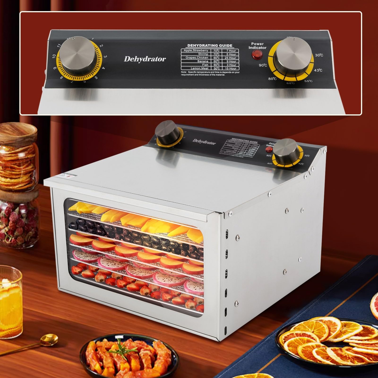 Suszarka ze stali nierdzewnej, z 6 wkładkami kratkowymi, do suszenia żywności, 400 W, regulacja temperatury do owoców, warzyw, mięsa, zastosowań kuchennych