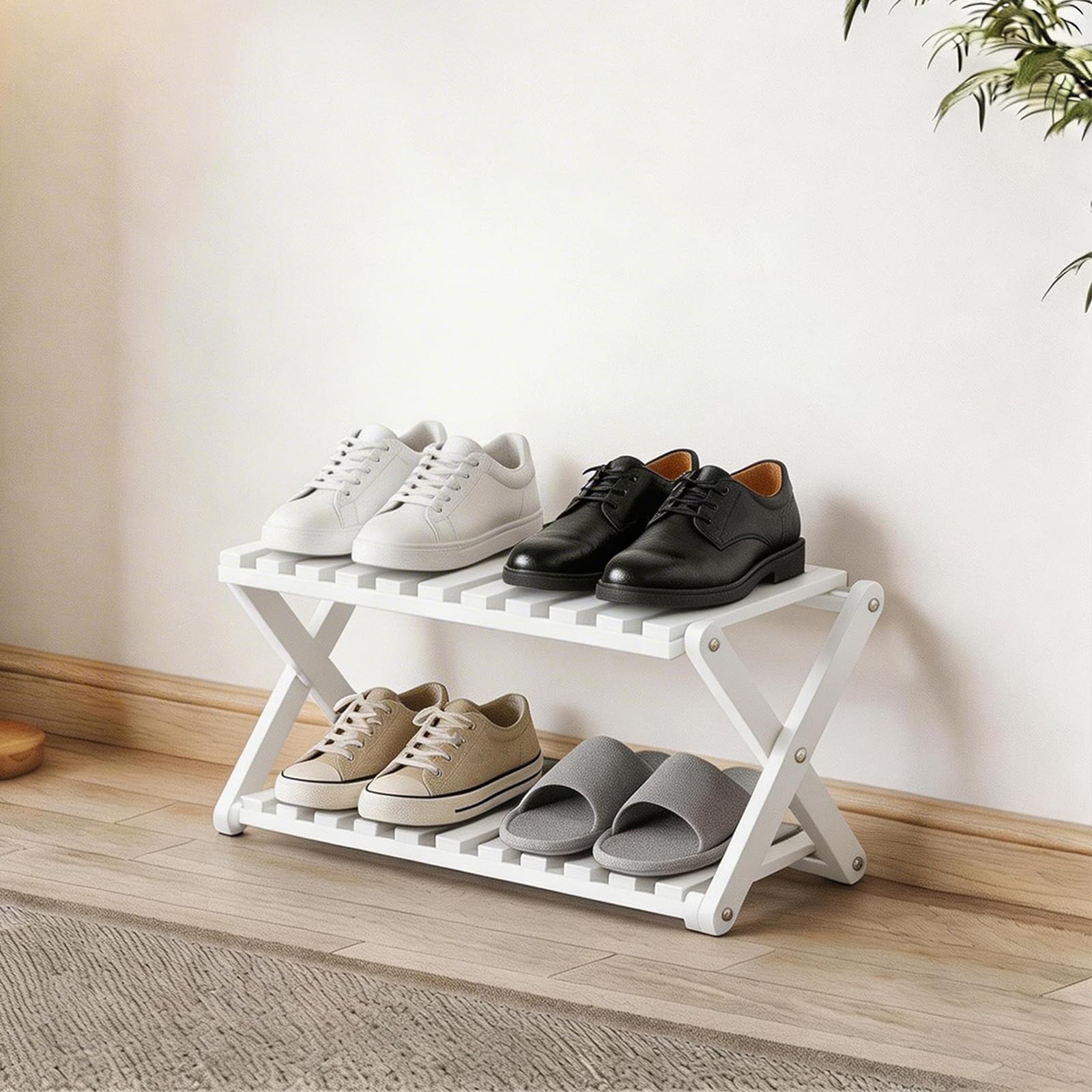 Momleix Folding Shoe Rack White, 2 Tier Shoe Shelf Without Installation, Sturdy Bamboo Storage Organiser for Entryway Closet, Dorm and Small Spaces, Space-Saving Shoe Storage Stand