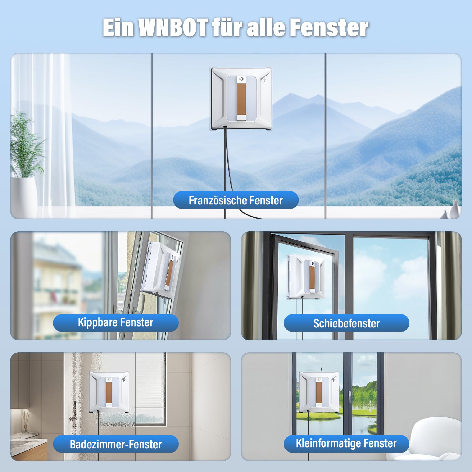 Ehomfory Fensterputzroboter mit Fernbedienung, 6000PA Starke Saugkraft, Automatischem Wasserstrahl mit 100ML Tank, Intelligente Routenplanung, Kantenerkennung, Geeignet für alle Glatten Oberflächen