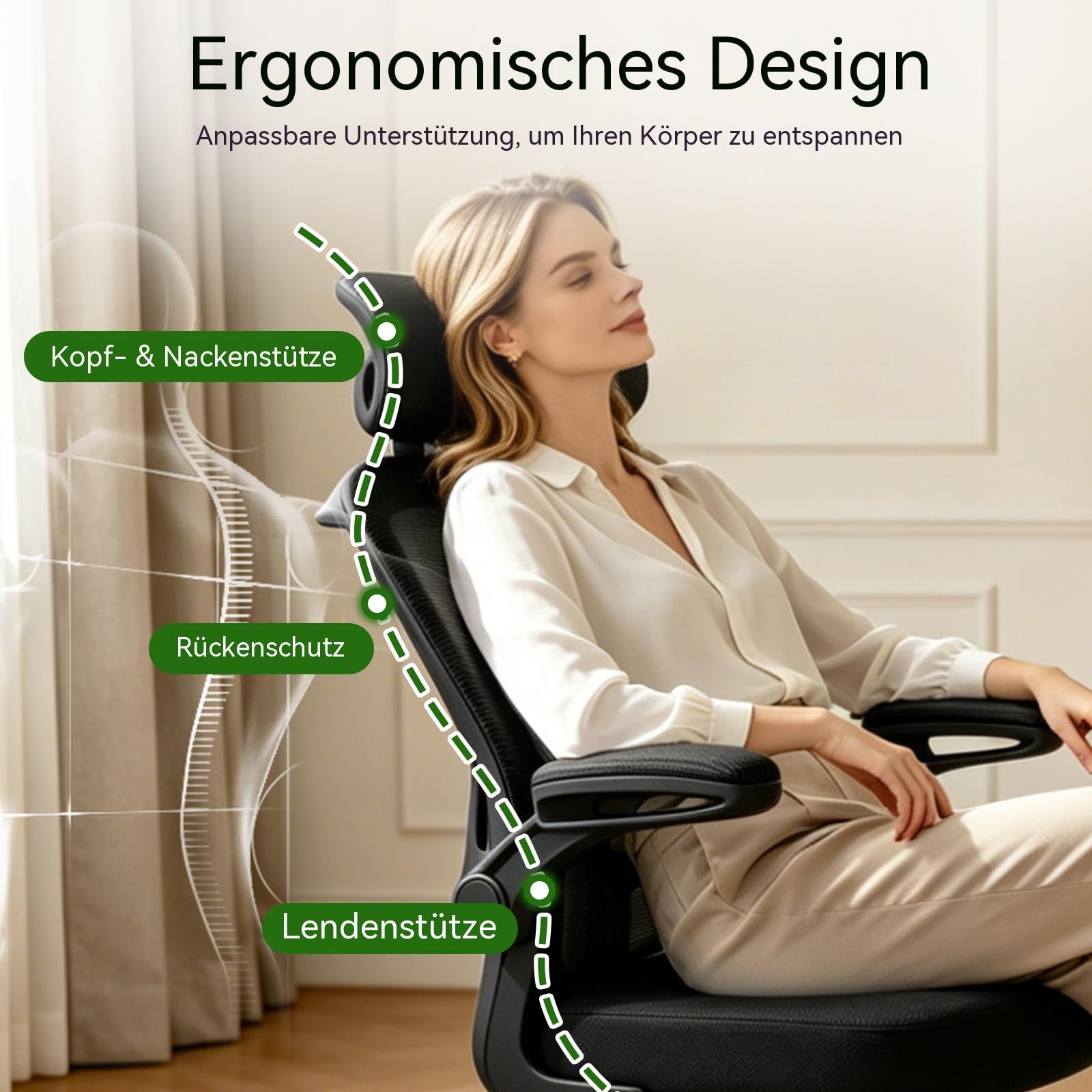 Ergonomischer Bürostuhl, Höhenverstellbarer Schreibtischstuhl – Drehstuhl mit Klappbaren Armlehnen, Atmungsaktivem Mesh, Verstellbarer Kopfstütze und Lendenwirbelstütze – für das Homeoffice, Schwarz