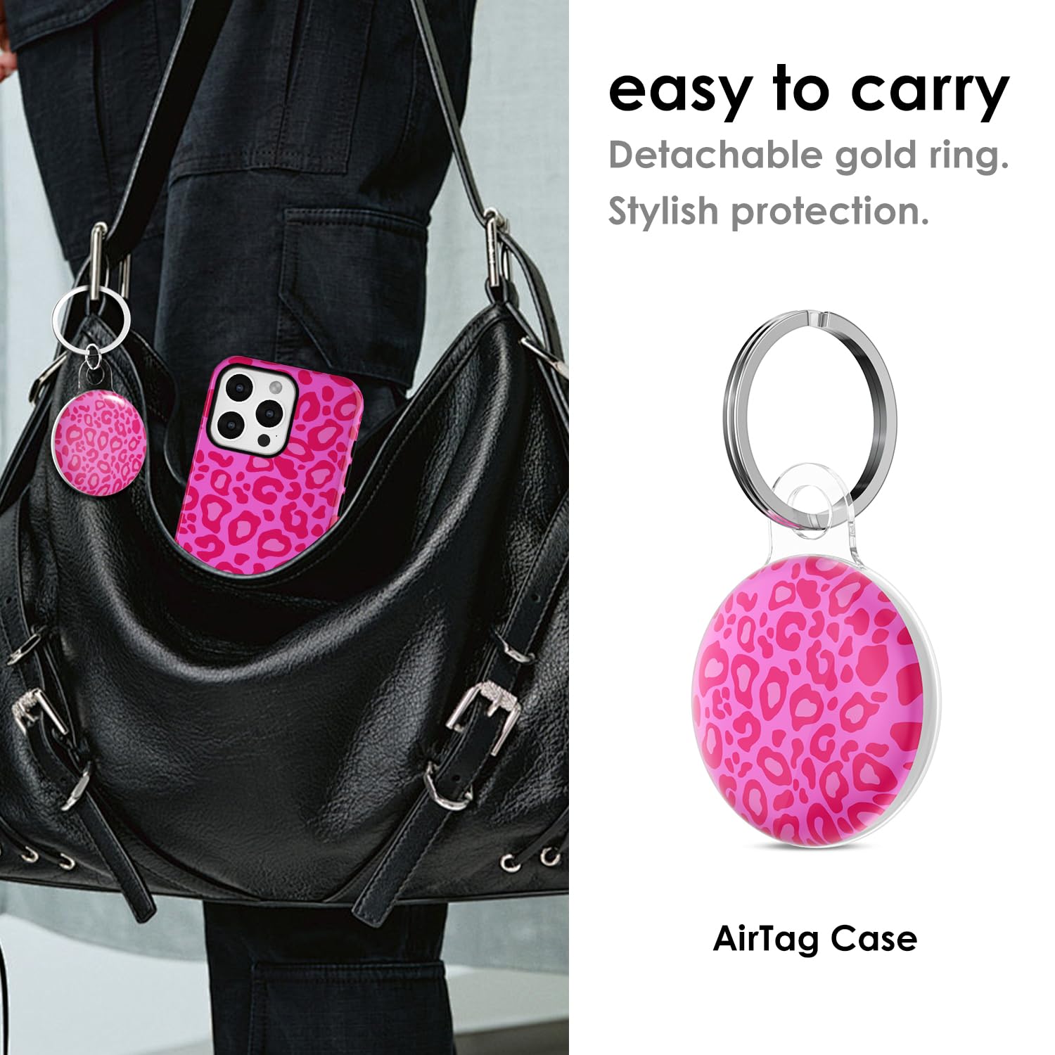 Svanove for Airtag Holder Case Cheetah Print, Leopard Pattern Airtag Keychain, Luxury Trendy Air tag Accessories, Cute Girly Aesthetic Design Itag Key Ring Cover for Women Girl Kids, Hot Pink - 4