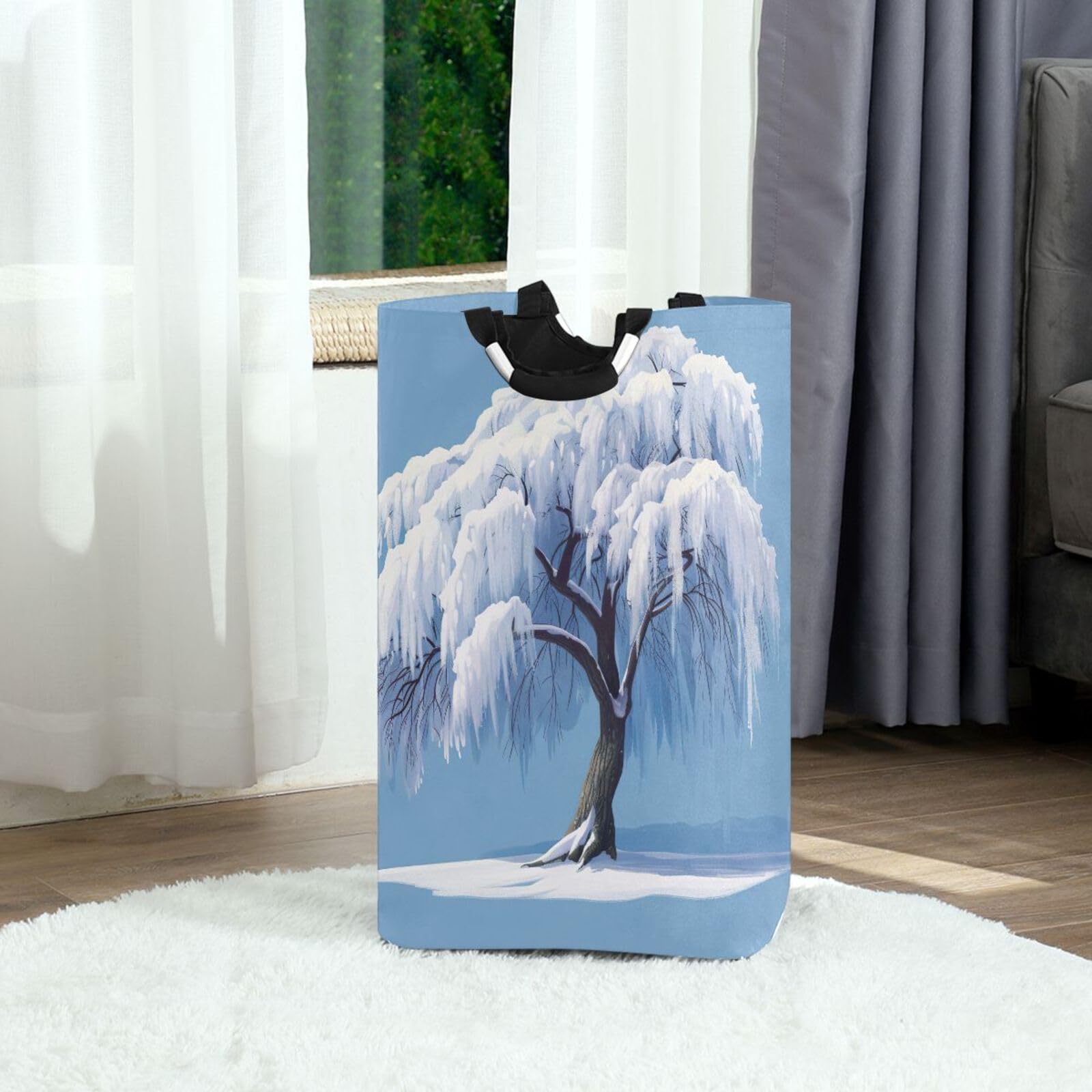 Jihqo Laundry Hamper Basket Snow on Tree Collapsible Nursery Storage Bin Waterproof Clothing Baskets for Home Bedroom Bathroom Washing Room