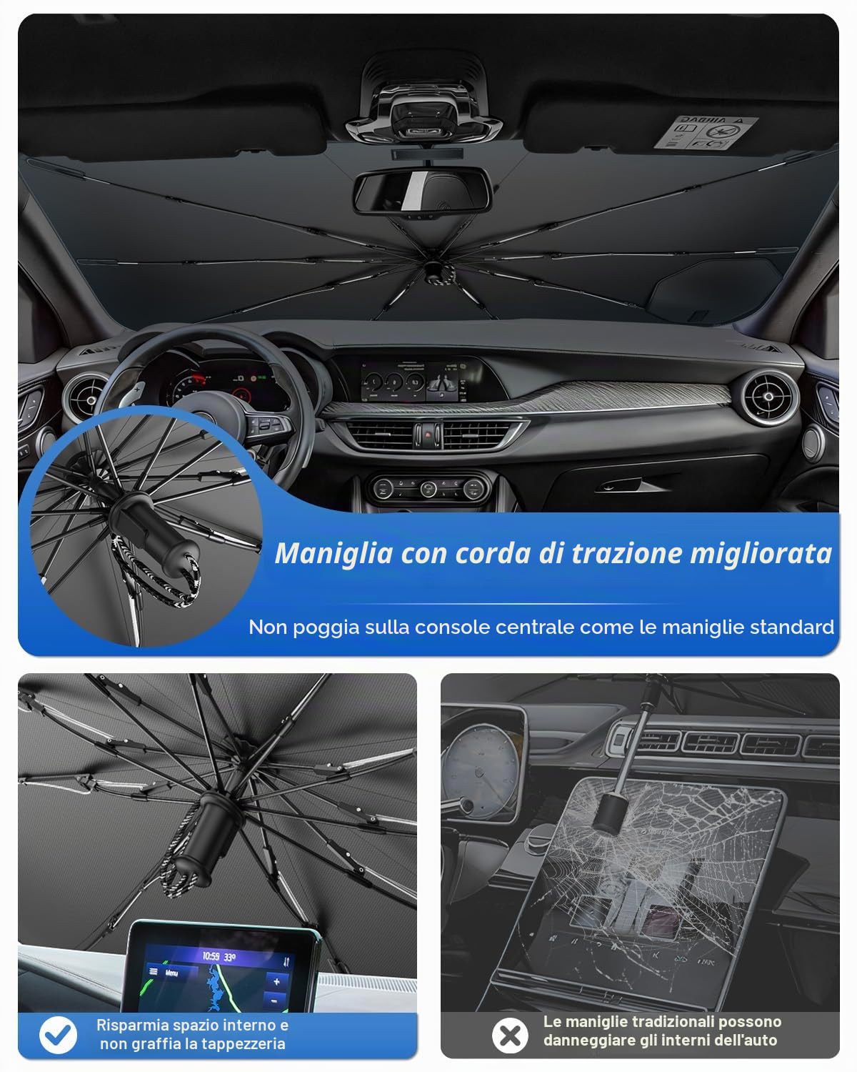 SHAOHAO Compatibile con Alfa Romeo Stelvio SUV 2017-2026 Parasole per auto Parasole per parabrezza Facile da riporre Maniglia con cordino Protezione UV Accessori parasole