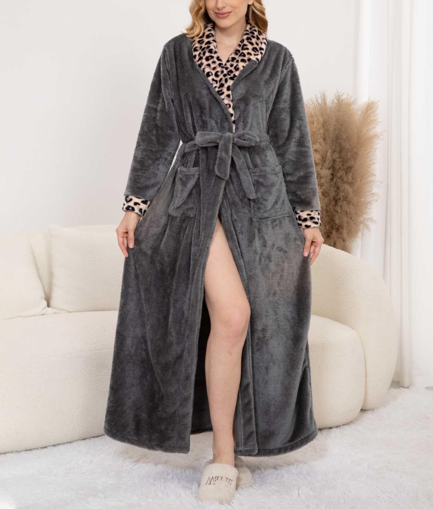 Albornoz de Felpa Gris con Capucha para Mujer, con Estampado de Leopardo, Cómodo para El Hogar, con Cuello En V y Manga Larga, Ideal para Dormir En Invierno y Otoño.
