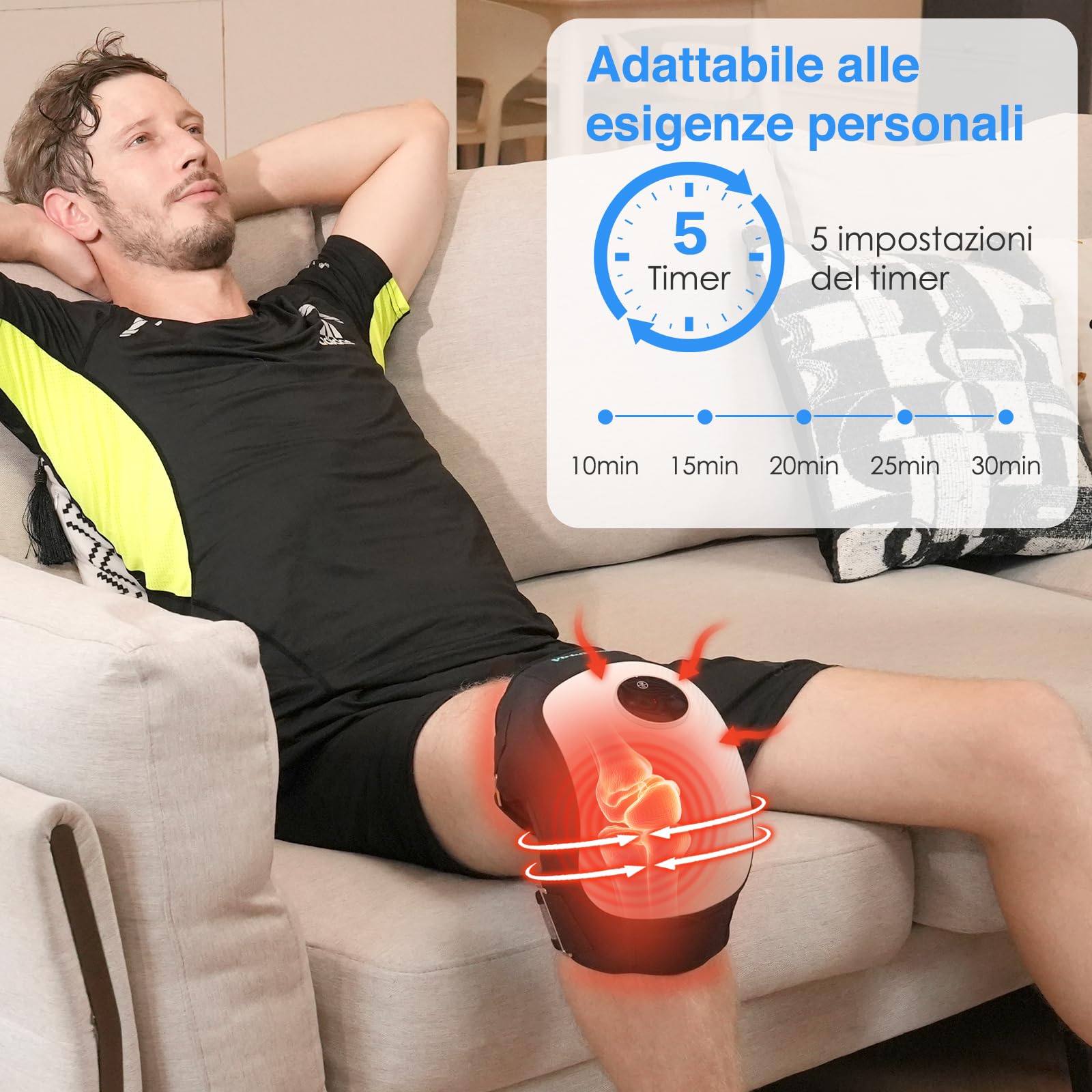 Massaggiatore Ginocchio Terapia Calore e Vibrazione，3 Livelli Calore | Sollievo Rapido dal Dolore, Ginocchiera Elettrica Wireless, Compressione Aria e Batteria 5000mAh, 3 Modalità Massaggio