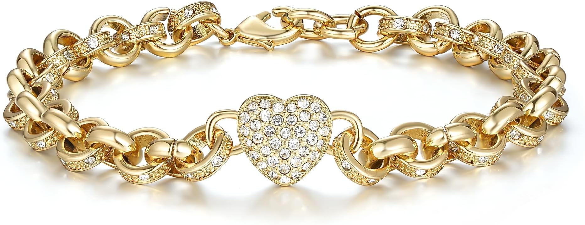 Gold Single Heart Charm Belcher Bracelet with Stones, 7-Inch, PVD Gold Plated – Bling King London